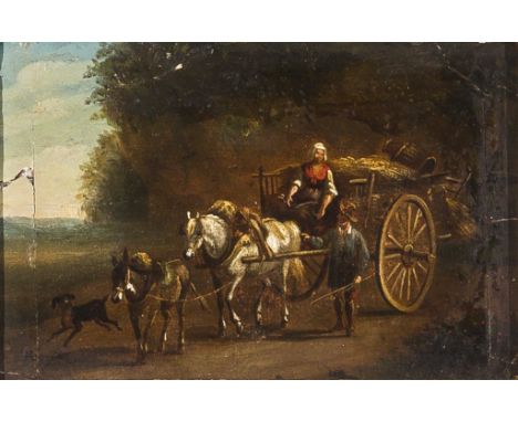 Deutscher Maler um 1800. Beladener Heuwagen, Pferd und Esel auf dem Heimweg. Öl/Holz. 9,5 x 14 cm. R