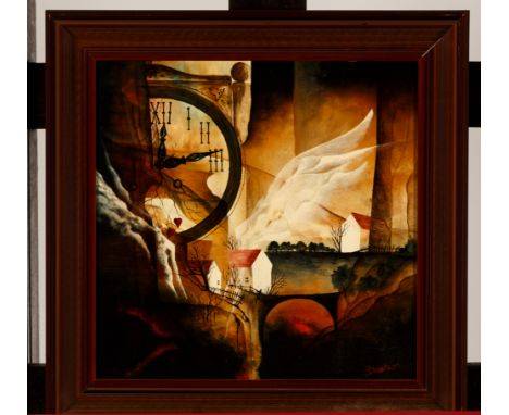Slossa. Slowakischer Maler. Sign. und (19)93 dat. Surrealistische Darstellung mit Landschaft und Uhr. Öl/Lwd. 41 x 41 cm. R. 