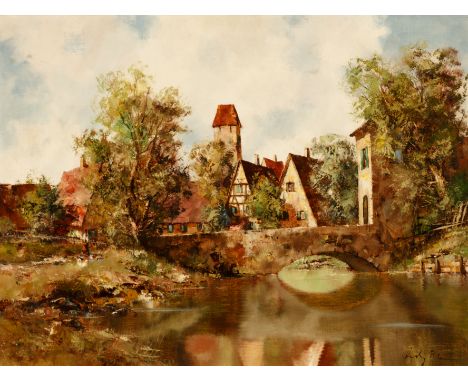 Maler 2. Hälfte 20. Jh. Undeutlich sign. Blick auf fränkisches Städtchen mit steinerner Bogenbrücke. Öl/Lwd. 61 x 81 cm. R