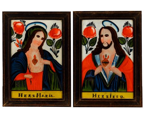 "Herz Maria" und "Herz Jesu". Paar Hinterglasbilder. Sandl, um 1820. Jew. 29 x 19,5 cm. R. Provenienz Münchner Privatsammlung