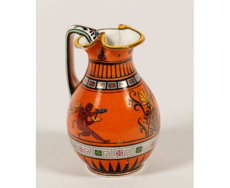 Kleine Kleeblattkanne (Oinochoe). Orangefarbener Grund mit polychromer Bemalung nach pompejanischem Vorbild. Manufaktur Paul 