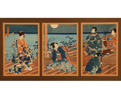 Farbholzschnitt von Utagawa Kuniyoshi (1797 - 1861). Sign. Samurai und Geishas am See betrachten den Vollmond. Zensuren- und 