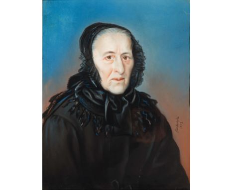 Schlotterbek. Sign. und 1853 dat. Portrait einer alten Dame mit schwarzer Haube. Pastell. 52 x 41 cm. Gl.u.R
