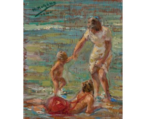 MANUEL MORENO GIMENO (Valencia, 1900 - 1982)."Bathing the children", 1940.Oil on panel.The frame is damaged.Provenance: Priva