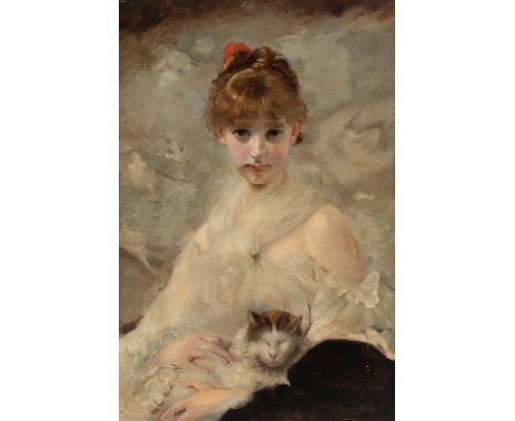 LUIS DE MADRAZO Y KUNTZ (Madrid, 1825 - 1897)."Portrait of a Lady with a Cat.Oil on canvas. Re-coloured.With restorations.Pro