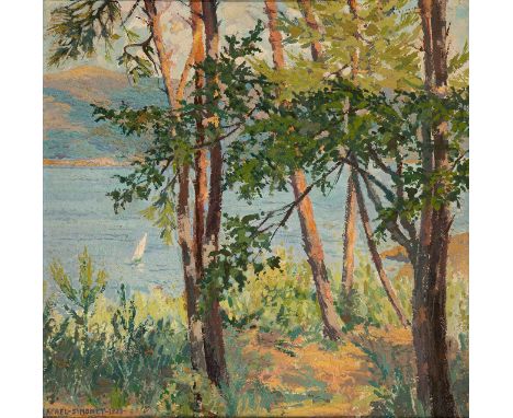 RAFEL SIMONET CASTRO (1906-1989)."Landscape with Trees and Lake", 1928.Oil on cardboard.Signed and dated in the lower left co