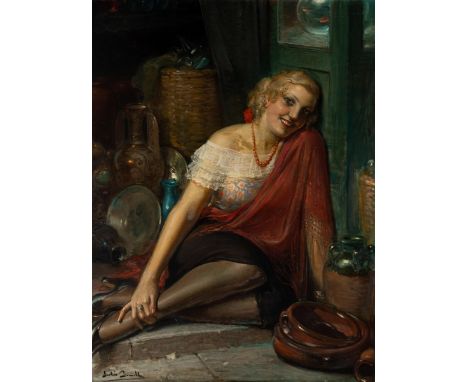 JULIO BORRELL PLA (Barcelona, 1877 - 1957)."Woman among jugs".Oil on canvas.Signed in the lower left corner.Size: 120 x 90 cm