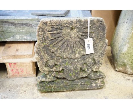A reconstituted stone vertical sundial, height 33cm, width 32cm