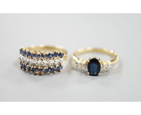 Two modern 14k yellow metal, sapphire and diamond set dress rings, sizes L &amp; K/L, gross weight 5.1 grams.