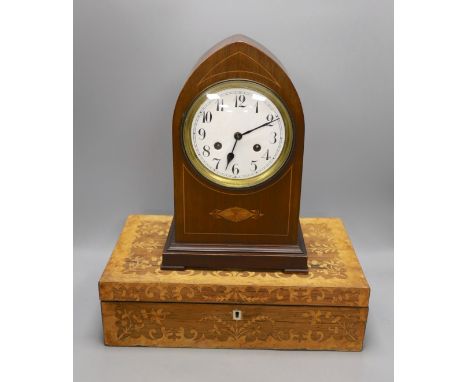 An early 20th century inlaid mahogany lancet shaped mantel clock and a Victorian rosewood and marquetry writing slope, writin