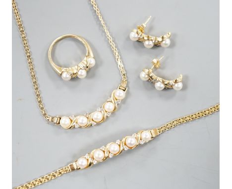 A modern matching suite of 14k yellow metal, cultured pearl and diamond chip set jewellery,comprising, a necklace, 37cm,  bra