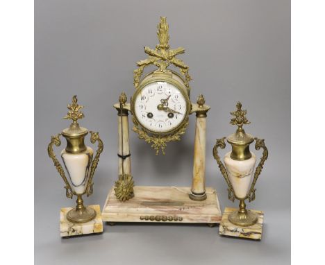 A French three-piece marble and gilt metal clock garniture, pendulum, no winder. 42cm