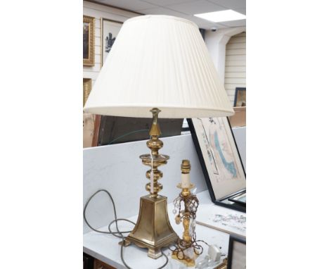 A large brass table lamp and a gilt metal and lustre hung table lamp, table lamp 50 cms high not including light fitting.