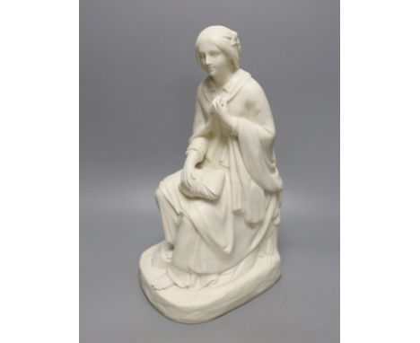 Art Union of Great Britain parian figure of a girl seated on a mound with a cloak on her back, c.1860 36cm