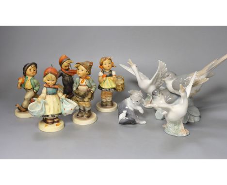Five Hummel earthenware figures, tallest 14cm., and four Lladro animal models