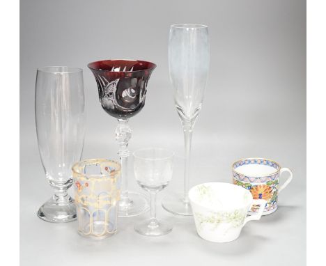 Three ruby overlaid wine glasses, a set of champagne glasses, a meat platter etc