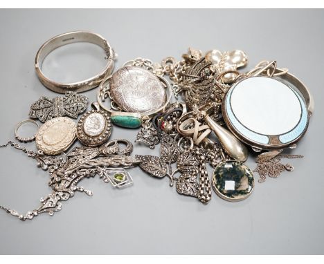 A mixed quantity of assorted silver and white metal jewellery including costume and a silver and enamel compact.