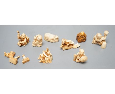 A collection of eight Japanese Ivory and bone Netsuke and okimono, 19th/early 20th century