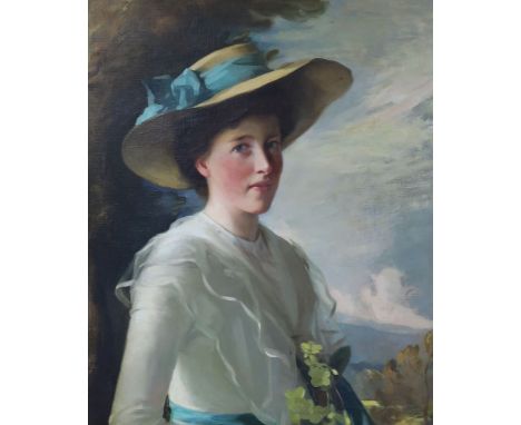 Alfonse J. Hagaier, oil on canvas, Portrait of a lady wearing a broad-brimmed hat, signed, 75 x 62cm
