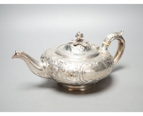 A Victorian embossed silver teapot, Walter Morrise,  London, 1842, gross 15.5oz.