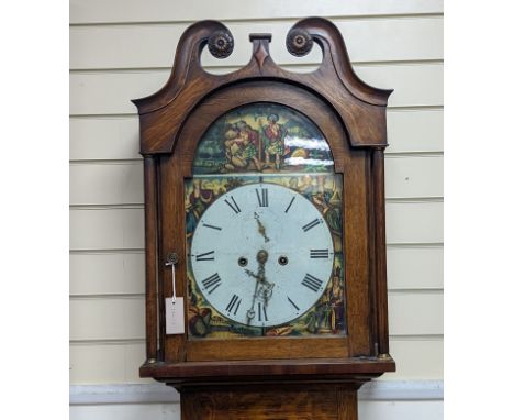 An early 19th century oak 8 day longcase clock, the dial painted with figures representing the continents, height 208cm