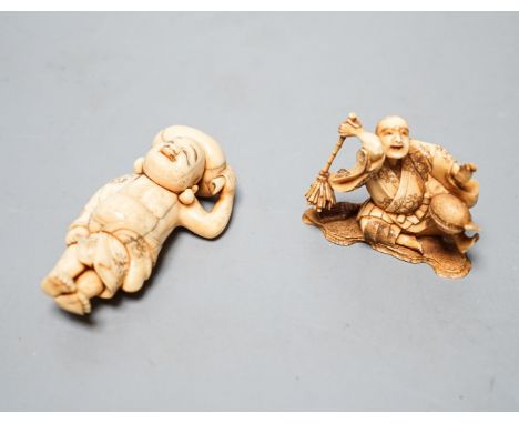Two fine Japanese Ivory Netsuke, 19th century,The first depicting an artisan swinging a bamboo handled brush, signed and insc
