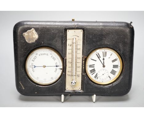 A leather cased pocket watch and barometer with central thermometer, 19.5 cm wide x 13 cms high.