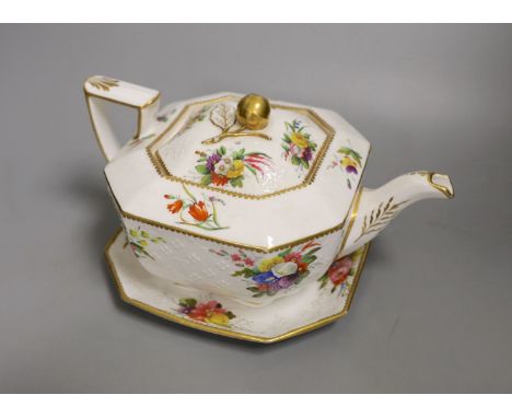 A Spode teapot cover and stand painted with flowers on a moulded body pattern 2527, c.1820, 24cm long