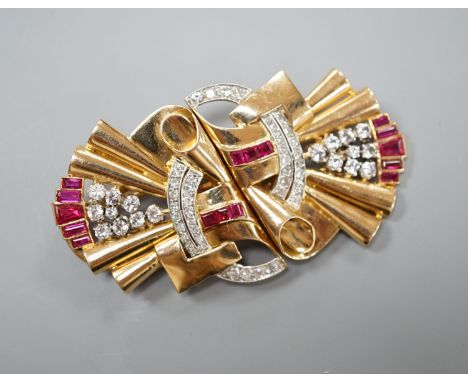 Lot 1960 , A 1950's yellow metal, white stone, diamond and synthetic? ruby set fan shaped double clip brooch, overall 66mm, g