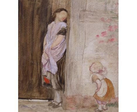 George John Pinwell, R.W.S. (1842-1875) - pencil and watercolour, Sketch of a mother and child beside a doorway, 18 x 17cm