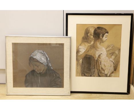 Continental School, pastel on brown paper, Study of a woman wearing a head scarf, 33 x 37cm and a late Victorian drawing of a