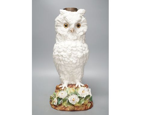 A large late 19th century ‘owl’ porcelain oil lamp base, with Victorian lozenge registration mark to base, probably Sitzendor