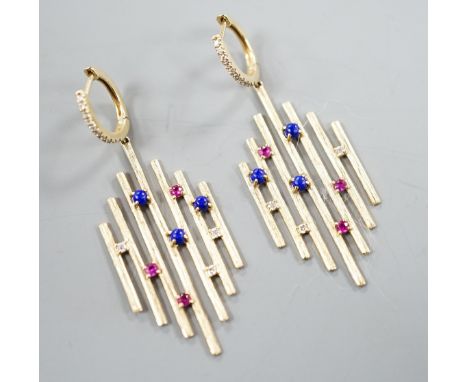 A pair of modern 585  yellow metal, ruby, lapis lazuli and diamond set Dynasty earrings, overall 48mm, gross weight 6.4 grams