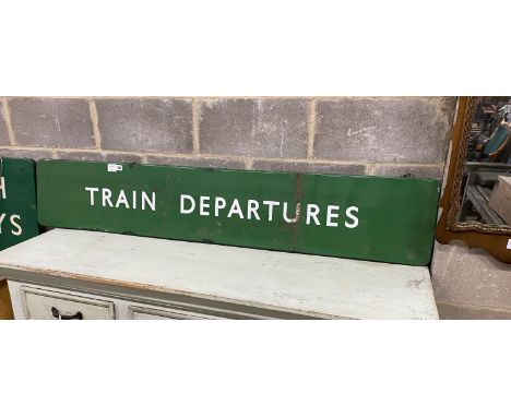 A vintage British Rail rectangular train departures green and white enamel sign, width 170cm, height 31cm
