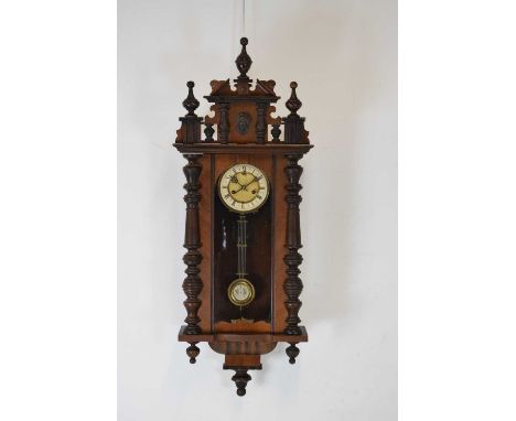 Early 20th Century Vienna wall clock with chapter ring Roman dial, 91cm high, with pendulum 