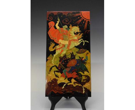 1960s Russian School, lacquer panel, painted with a knight on horseback overcoming a saracen, 42cm x 21cm