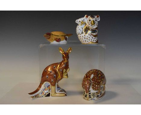 Six Royal Crown Derby paperweights from the 'Australia Collection', comprising kangaroo, duck billed platypus, koala and cub,