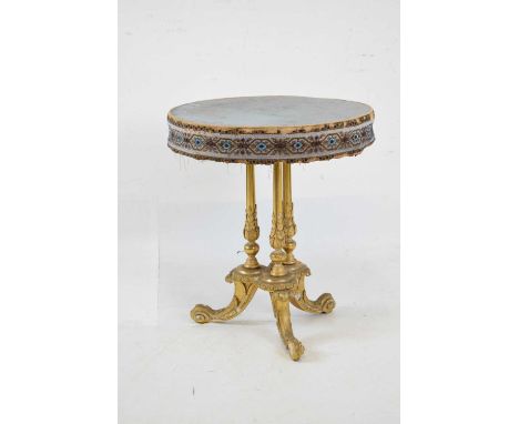 Gilt gypsy table with bead work fringe and light blue velvet top, 55cm diameter x 65cm high 