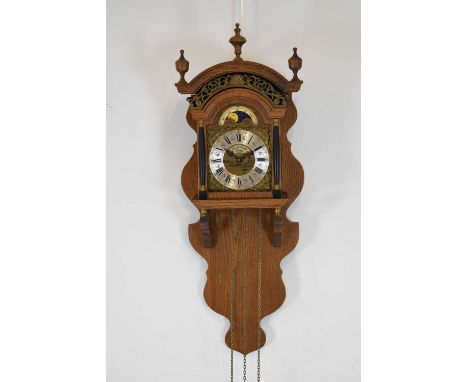 Reproduction oak-cased wall clock, Friesland "Staartklok" with rolling moon phase, 79cm high