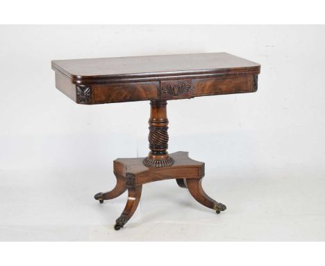 George IV pedestal fold-over card table (crack to platform), on claw feet raised on castors, 91cm x 95.5cm (open) x 73cm high