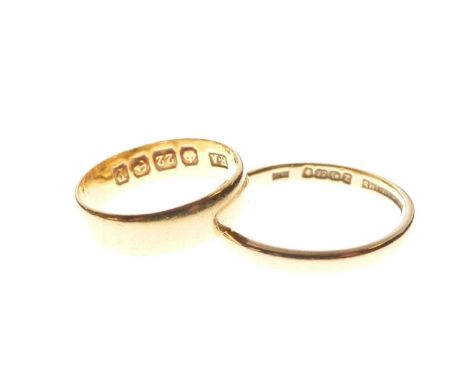 Two 22ct gold wedding bands, size F½ approx, and size M approx, 4.2g approx (2)