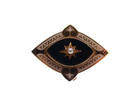 Victorian mourning brooch, enamel and seed pearl decoration, hairwork panel to reverse, unmarked yellow metal, 5cm approx, 15