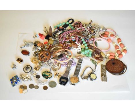 Quantity of costume jewellery to include; gentleman's Buren Grand Prix wristwatch, Casio, brooches, necklaces, bracelets, ban