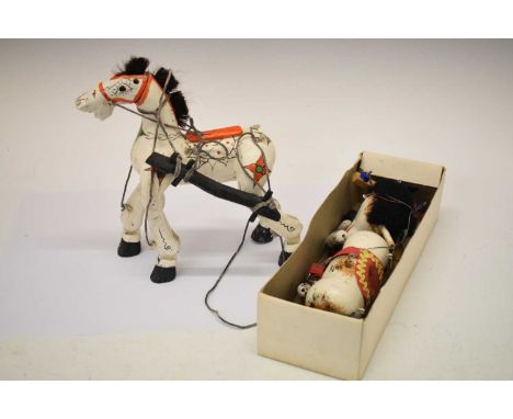 Vintage wooden painted horse puppet 25cm high,  together with a unbranded mule puppet 