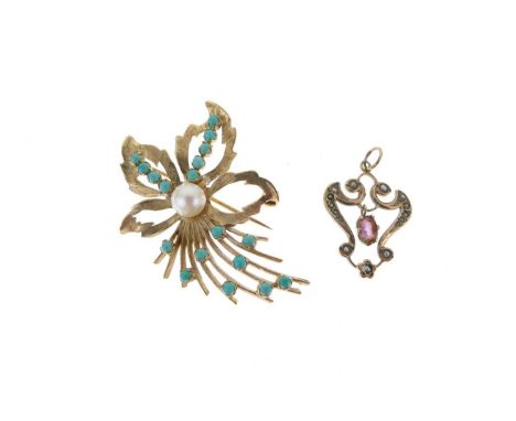 9ct gold floral spray brooch set with a pearl and turquoise cabochons, and a 9ct gold seed pearl and amethyst set pendant, 10