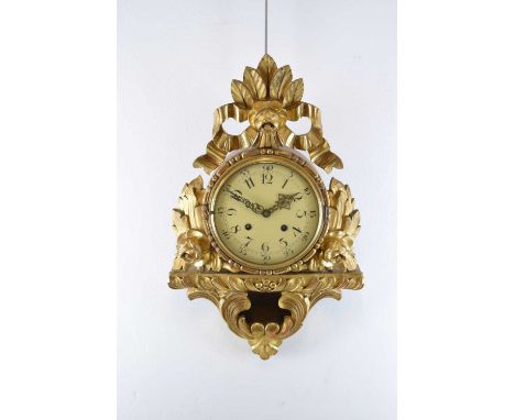 Reproduction giltwood wall clock, with 6-inch dial and unmarked bell-striking movement, 31cm wide x 50cm high