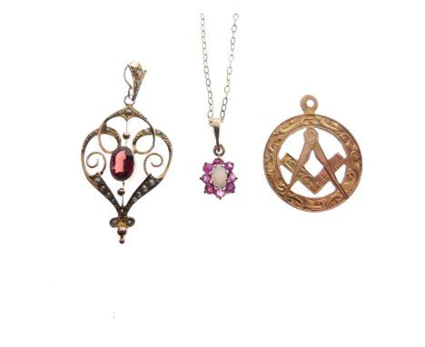 9ct gold Masonic fob, early 20th Century garnet and seed pearl set pendant stamped '9ct', and a 9ct gold opal and ruby cluste