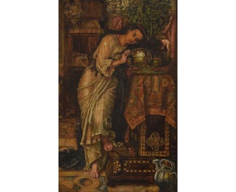 After William Holman Hunt, (1827-1910) - Unusual George V Pre Raphaelite-style decorative pyrographic panel depicting 'Isabel