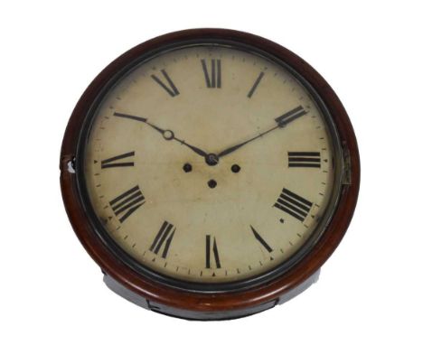 Mid 19th Century mahogany-cased twin-fusee wall clock, converted, with unsigned 12-inch cream-enamelled convex Roman dial, as