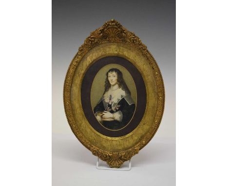 17th Century-style watercolour - Portrait of Marie Isobel, unsigned, 14.5cm x 9.5cm, gilt framed behind glass 